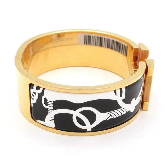 HERMES Clic Clac H Gold Black White Hardware Patent Leather Bangle - Picture 7 of 10
